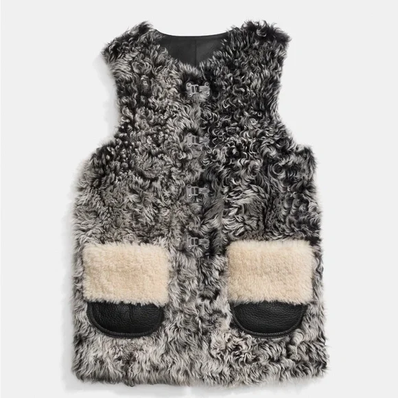 Coach Gray Curly Mongolian Sheep Shearling Vest - Picture 6 of 9